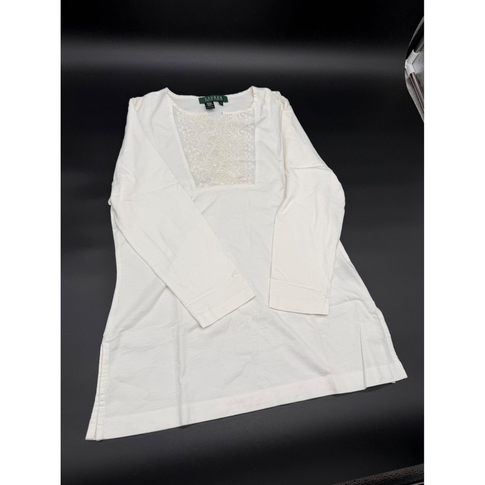 Lauren Ralph Lauren White Cotton Lace Bib Tunic Top Long Sleeve XS - Picture 2 of 10